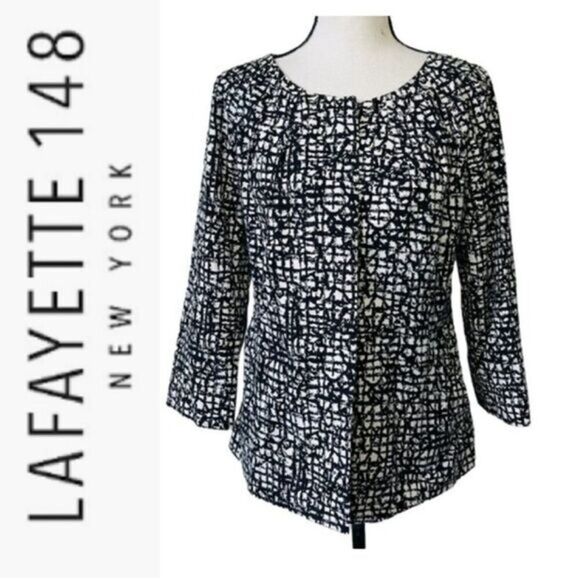 LAFAYETTE 148 Black White Cotton Button Front 3/4 Sleeve Lined Jacket Size 4 - Picture 1 of 12